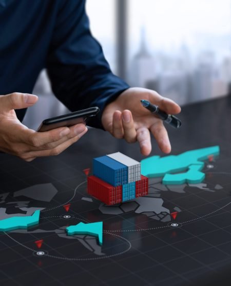 Businessman show export container on digital 3d world map screen